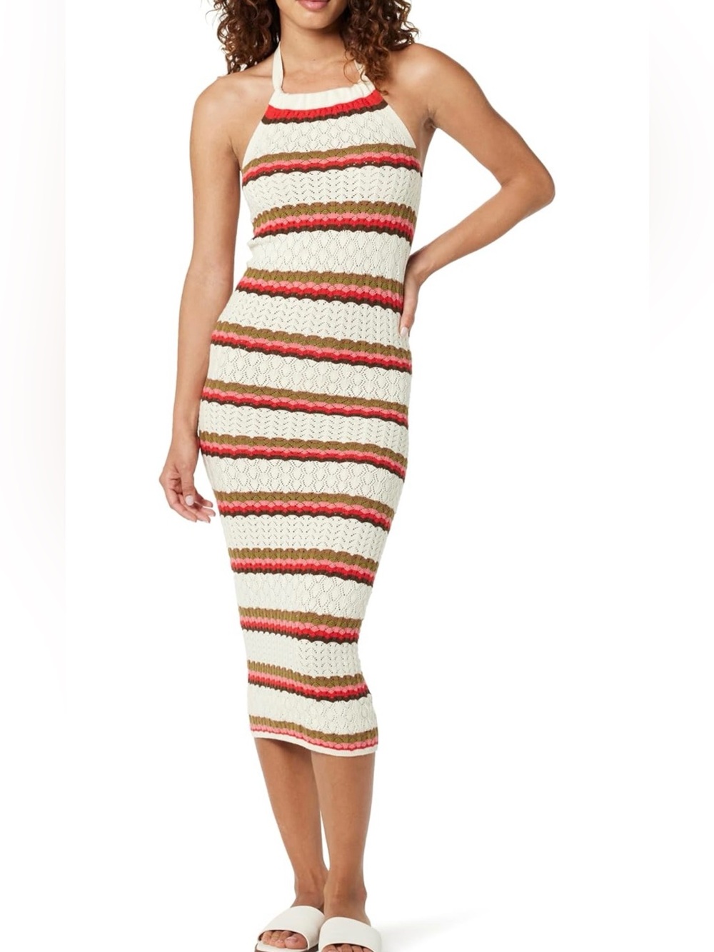 Amazon The Drop Cream Striped Knit Midi Skirt with Pink and Brown Accents